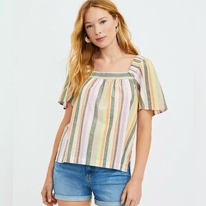 LOFT 100% Cotton Striped Flutter Sleeve Boho Peasant Top XL Extra Large Flowy